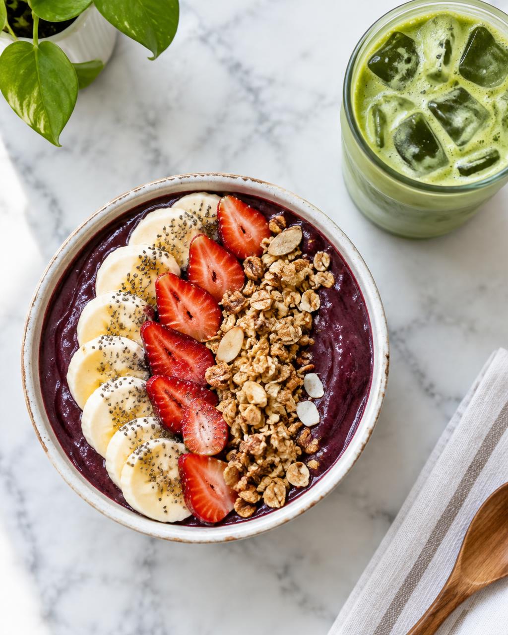 Oakberry açaí bowl and iced matcha